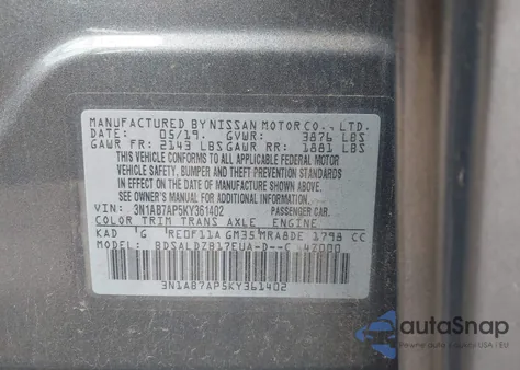 2019 Nissan Sentra Sv from USA, damaged, VIN 3N1AB7AP5KY361402